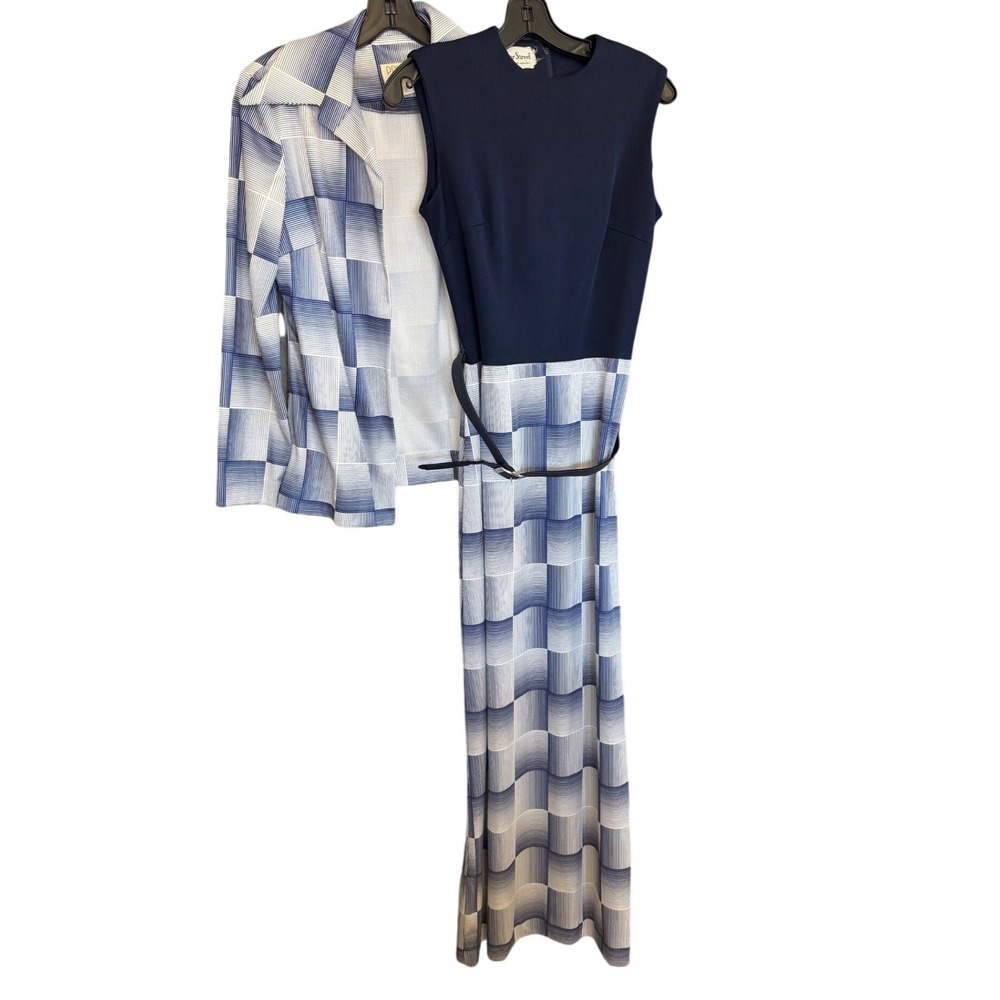 Vintage Mod 1970s Bleeker Street Maxi Dress Jacket Navy Blue Geometric Womens 12